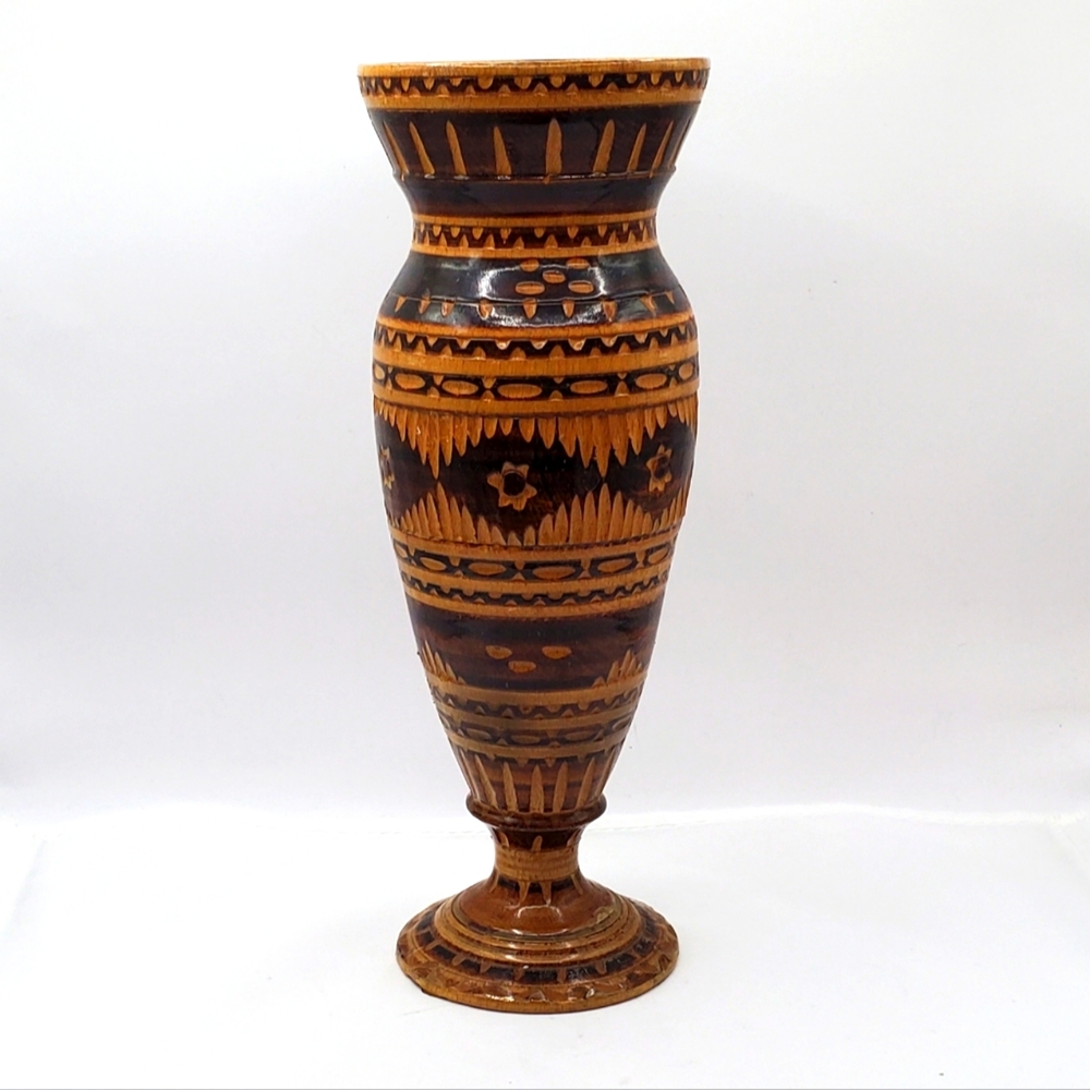 Greece Handmade Pottery Signed Stamped Olive Vase 10" Vintage Wood Colors As Is